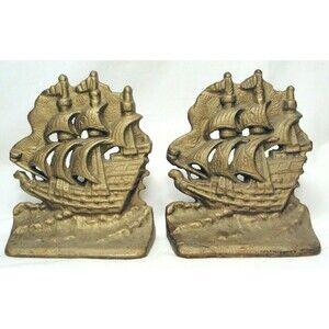 Vintage Sailboat Nautical Clipper Ship Metal Cast Iron Bookends Pair Door Stop